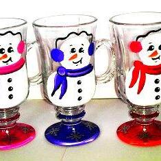 Snowman Irish Coffee Mug - Glass - Hand Painted -..