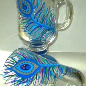 Irish Coffee Mug - Glass - Handpainted - Peacock -..