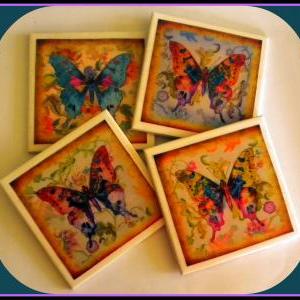 Coasters - Ceramic Tile - Set Of 4 - Butterflies