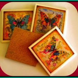 Coasters - Ceramic Tile - Set Of 4 - Butterflies