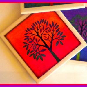 Coaster - Ceramic Tile - Tree - Pink - Orange