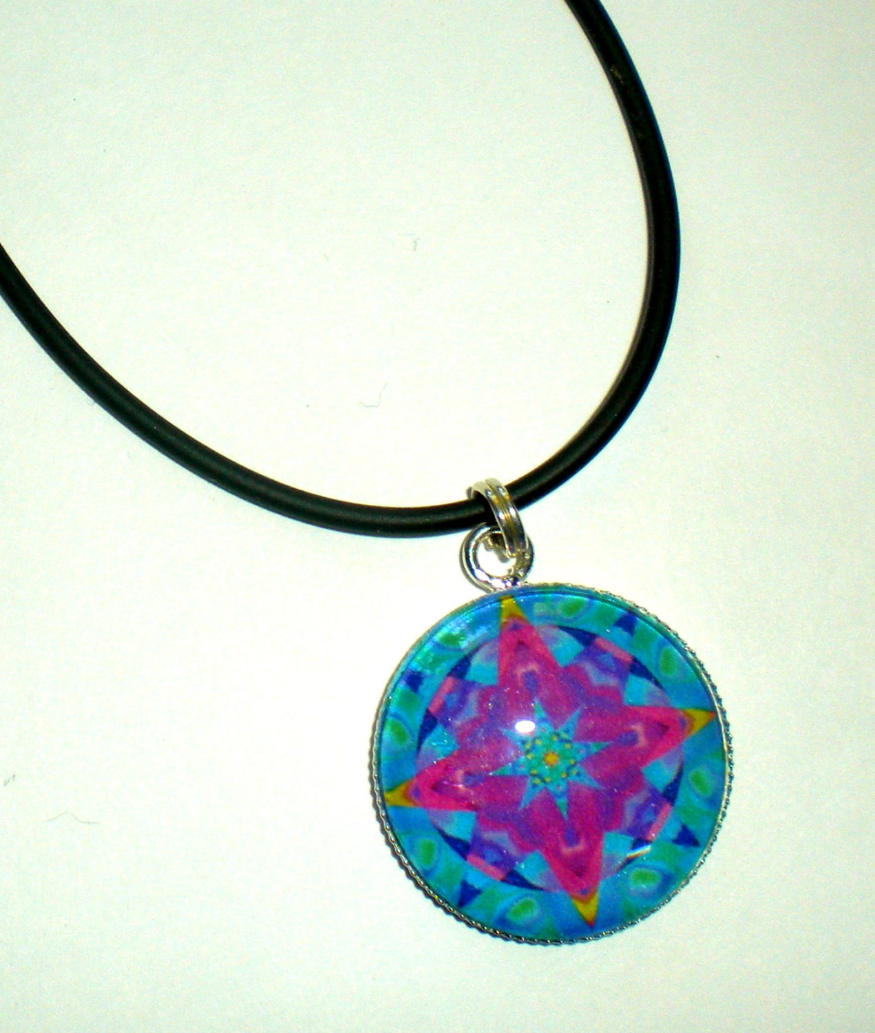 Glass Pendant Necklace - 1" Circle - Purple Mandala