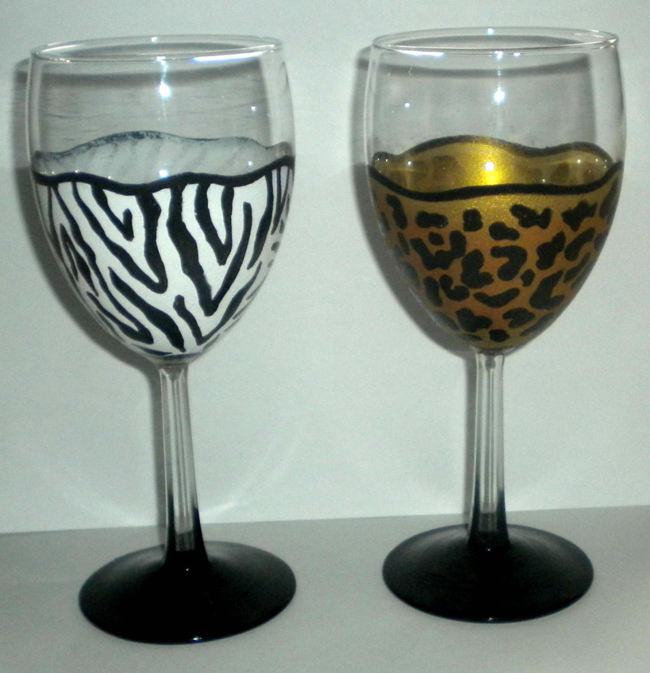 Wine Glasses - Safari Print - Animal Print - Zebra - Cheetah - Leopard - Set Of 2 Glasses - Handpainted