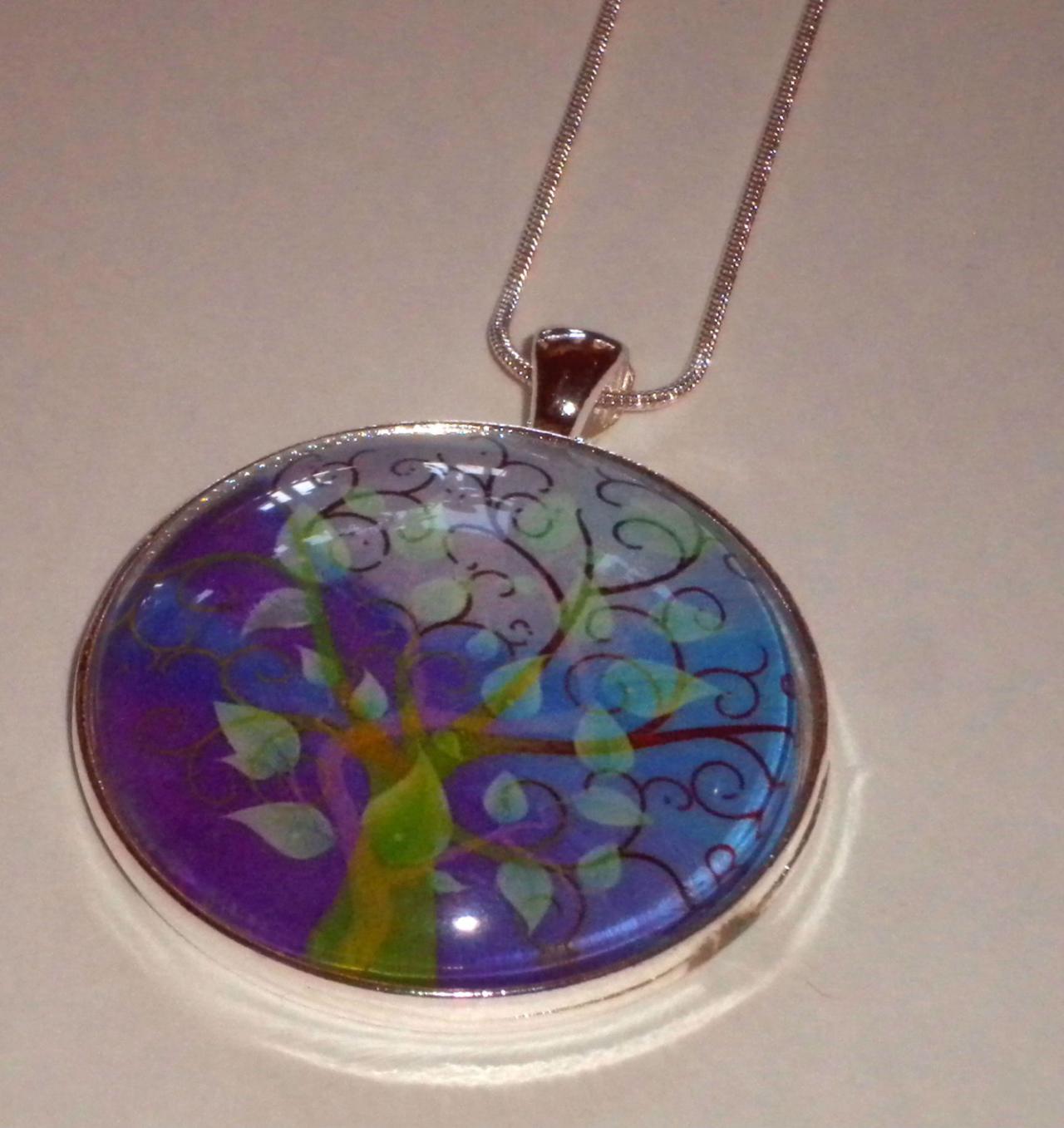 Glass Pendant Necklace - 1.5" Circle - Tree