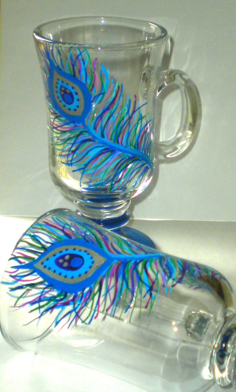 Irish Coffee Mug - Glass - Handpainted - Peacock - Feather - Peacock Feather - One-of-a-kind