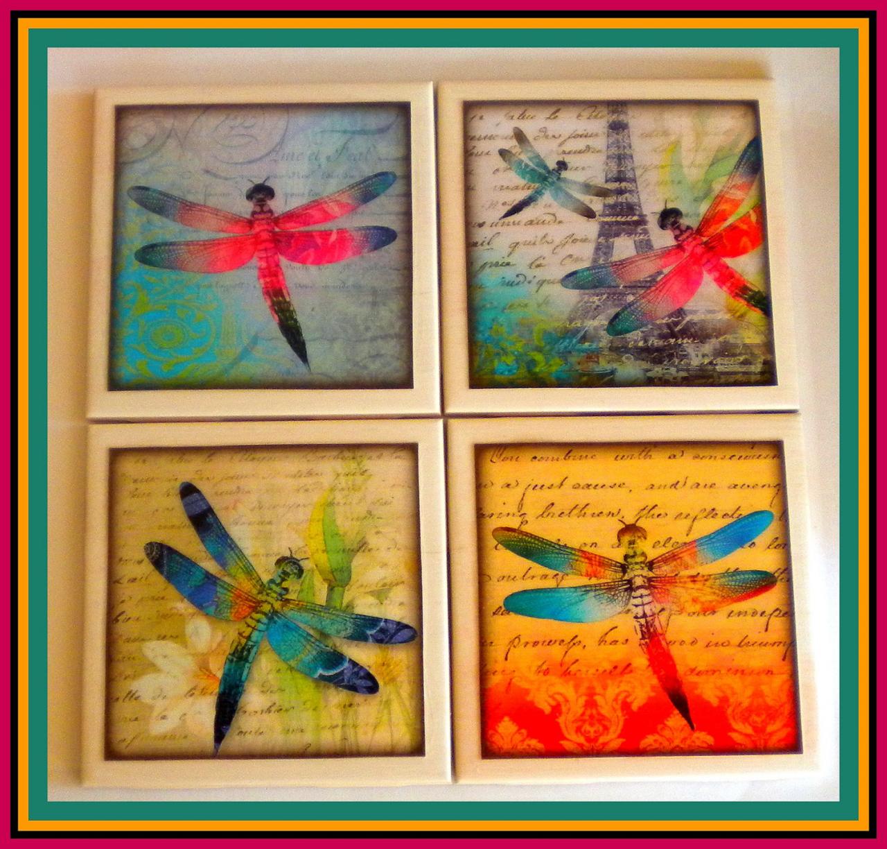 Coasters - Ceramic Tile - Set Of 4 - Dragonflies - Dragonfly