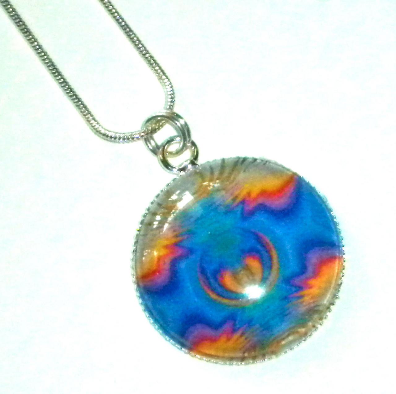Glass Pendant Necklace - 1" Circle - Bright Abstract Southwest Indian Design