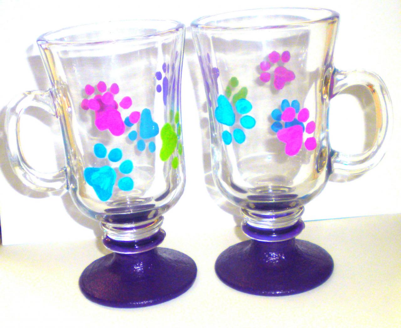 Irish Coffee Mug - Glass - Handpainted - Set Of 2 - Pawprints - Puppy Paw Prints - Made To Order